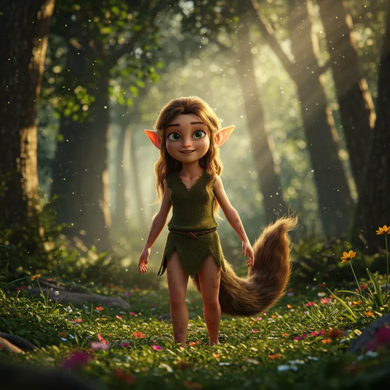Elf in Forest with a Tail: Enchanted Fantasy Scene
