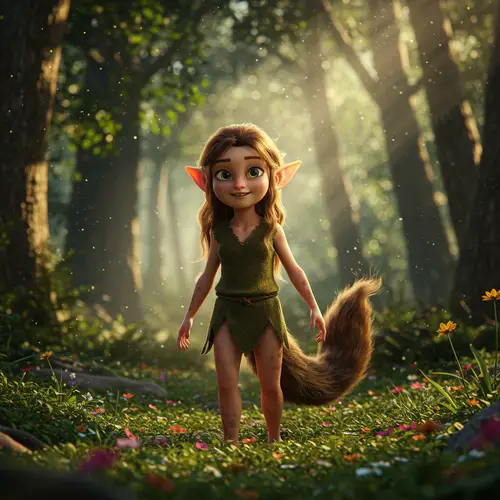 Elf in Forest with a Tail: Enchanted Fantasy Scene