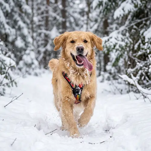 Playful Golden Retriever in Winter Wonderland