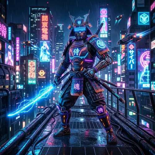 Futuristic Cyberpunk Samurai: Neon Armor & High-Tech Katana