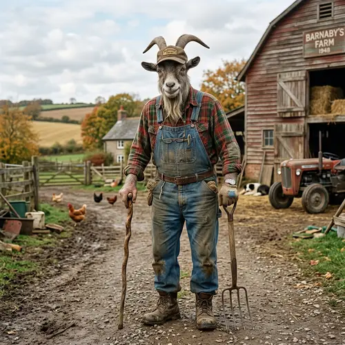 Old Anthropomorphic Male Goat in Farmer's Clothes