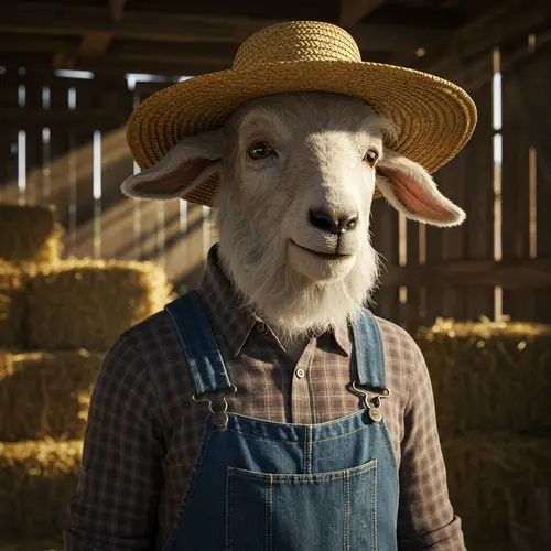 Old Anthropomorphic Male Goat in Farmer's Clothes
