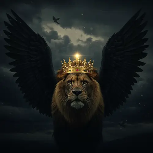 Black Angel Wings with Roaring Lion and Crown
