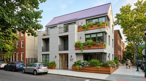 Modern Philadelphia Building with Purple Roof & Greenery
