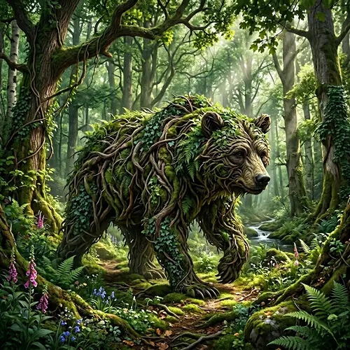 Fantastical Forest Scene with Bear Shape