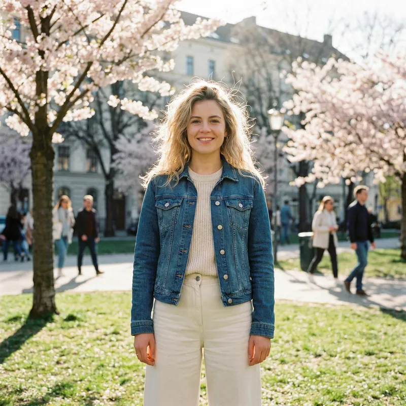 Young European Blonde Woman Stylishly Strolling in Urban Park Young European Blonde Woman Stylishly Strolling in Urban Park