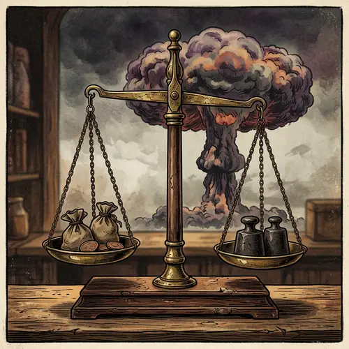 Antique Trading Scales & Nuclear Mushroom Cloud Illustration