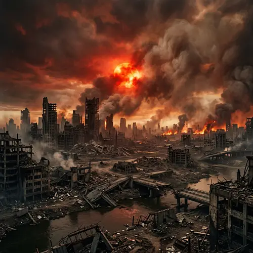 Apocalyptic Background with Desolate Landscapes and Fiery Sky