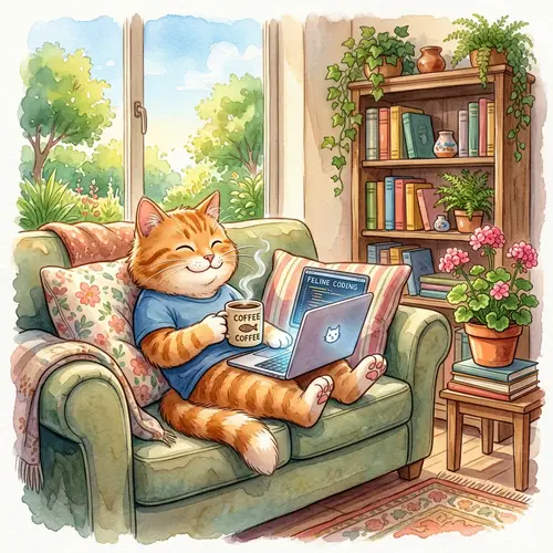 Cartoon Cat with Laptop and Coffee on Cozy Couch