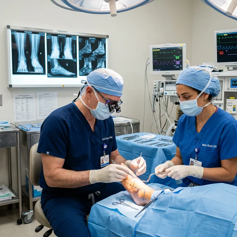 Podiatry Expert in Surgical Loupes with Mediterranean Assistant and MRI Background