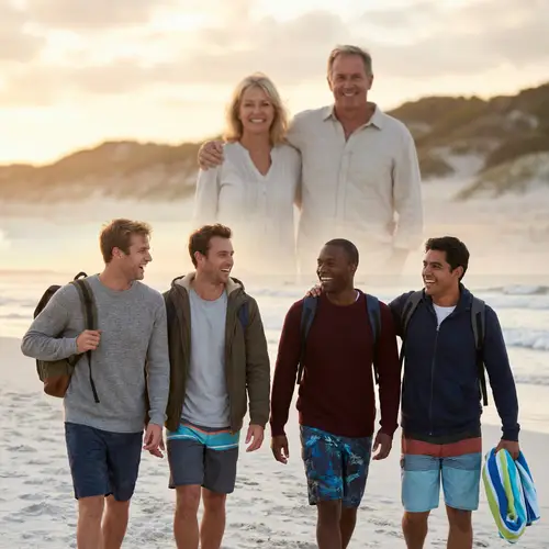 Supportive Parents Behind Their Adult Sons at the Beach
