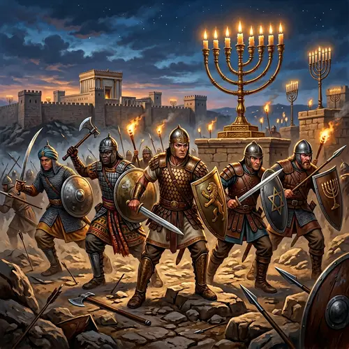 Vibrant Scene: Valiant Maccabee Warriors Protecting Chanukkah