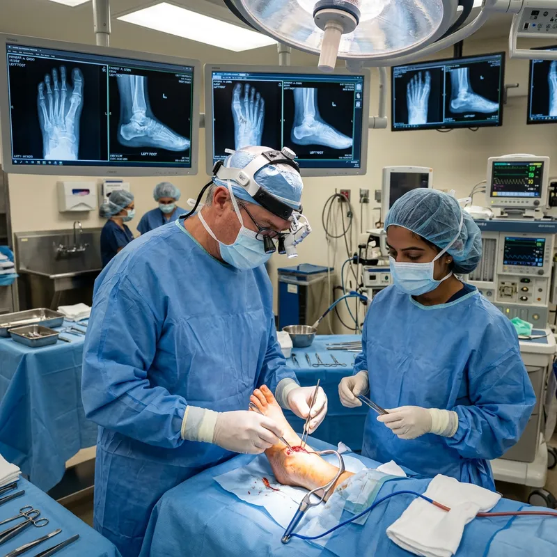 Experienced Grey-Haired Surgeon in Sterile Room Operating on Foot