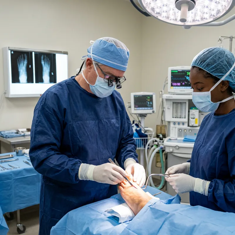 Skilled Foot Surgeon with Assistants in Sterile Operating Theatre