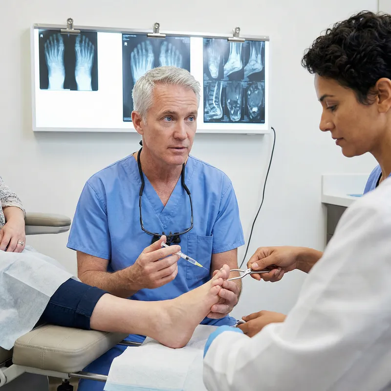 Experienced Podiatrist Conducting Foot Surgery with Female Assistant in Clinic