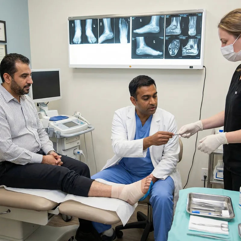 Specialist Foot Doctor Treating Patient with Assistant, MRI, and X-rays