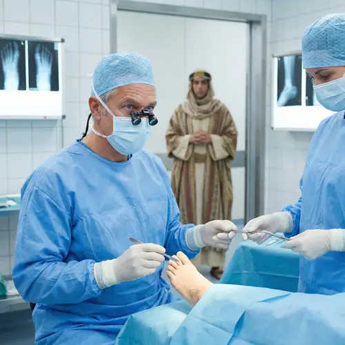 Grey-Haired Surgeon Operating on Foot in Sterile Room