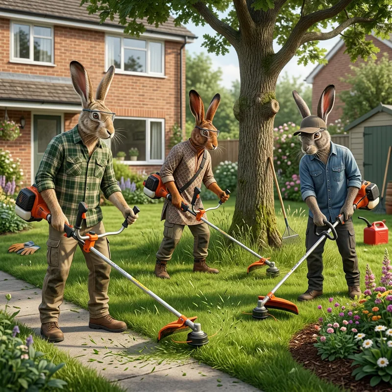 Anthropomorphic Hares Lawn Care Diversity | 8K Realism