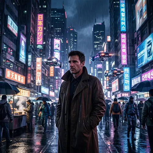 Cyberpunk-Inspired Cityscape with Vintage Fashion | Blade Runner Vibes