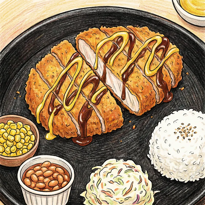 Hand-Drawn Cartoonish Tonkatsu Gourmet Scene with Steamed Rice