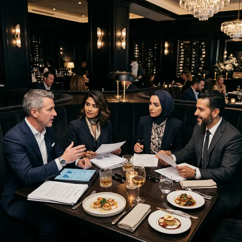 Rich Businessmen Meeting in Black Luxury Restaurant