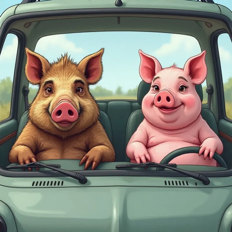Chill Cartoon Boar and Pig in a Car