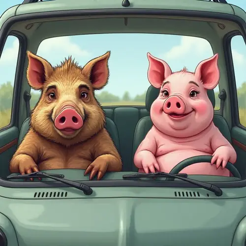Chill Cartoon Boar and Pig in a Car