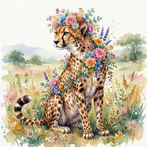 Watercolor Painting of Cheetah with Beautiful Flowers