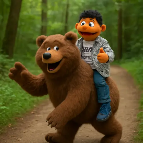 Child and Bear Muppet Adventure in the Forest