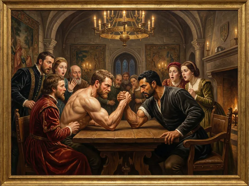 Renaissance Era: Intense Arm-Wrestling Art Piece