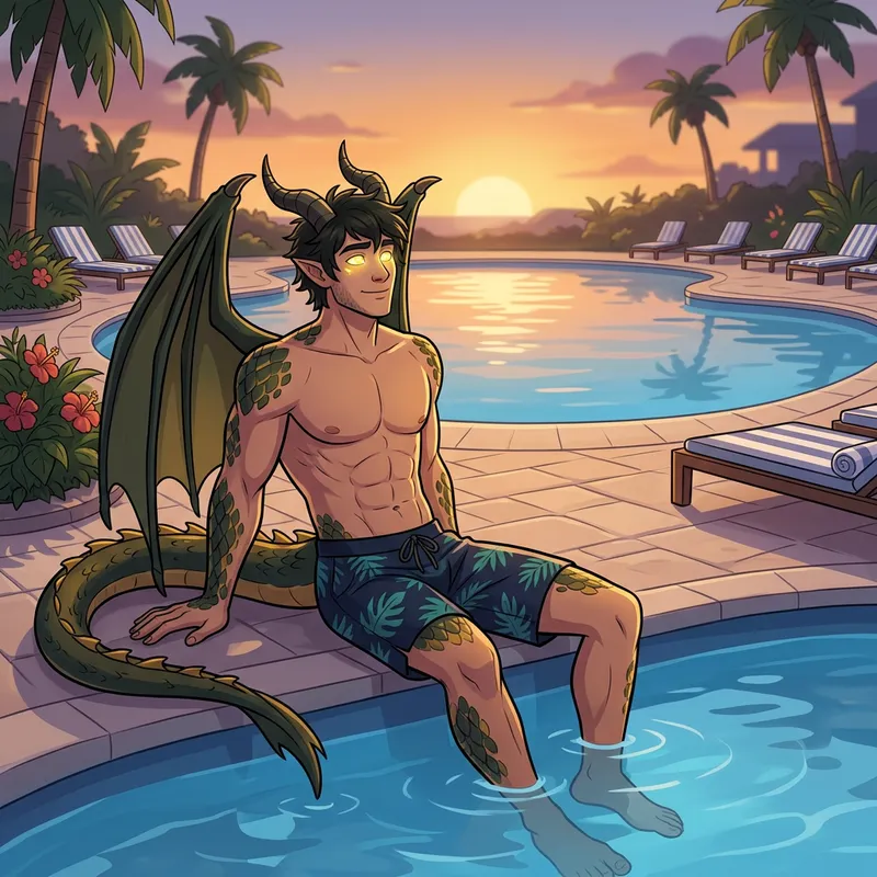 Captivating Dragon Demi-Human by Pool - Cartoon Style
