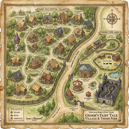 Vintage Parchment-Style Map of Rental Houses & Theme Park