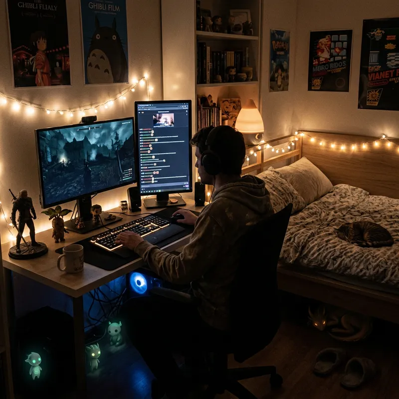 Cozy Nighttime Gaming Setup with Hidden Monsters