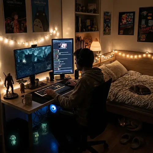 Cozy Nighttime Gaming Setup with Hidden Monsters