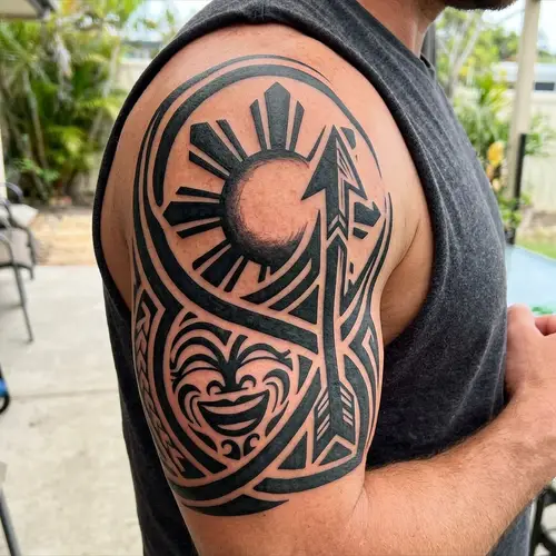 Masculine Happiness Tattoo: Bold Lines & Positive Symbols