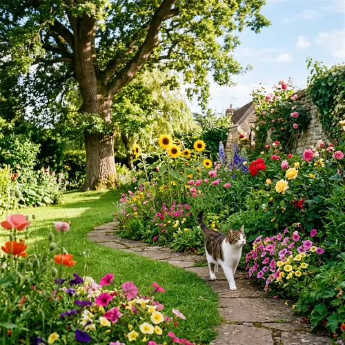 Serene Garden Scene with Blossoming Flowers and Curious Cat