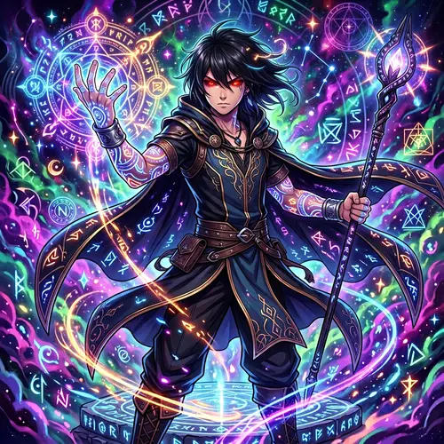 2k Mystic Sorcerer Anime Wallpaper - Slim Male Character with Red Eyes & Black Hair