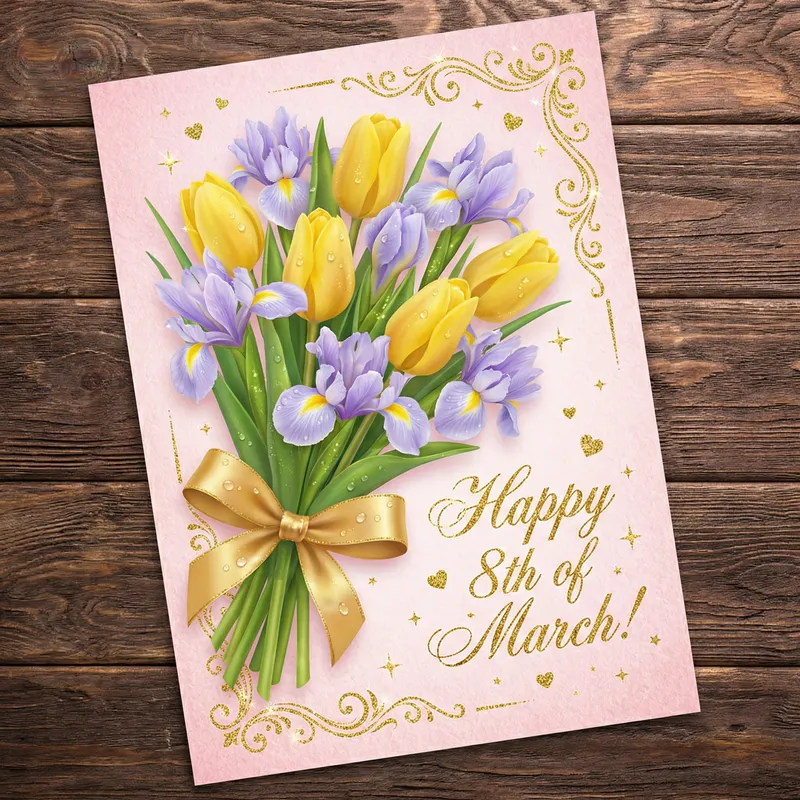 Festive 8th of March Greeting Card | Yellow Tulips, Purple Irises