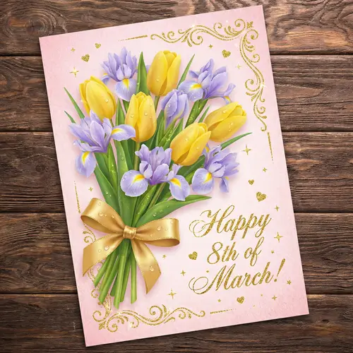 Festive 8th of March Greeting Card | Yellow Tulips, Purple Irises