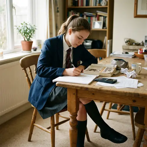 Modest School Uniform Girl Focused on Schoolwork