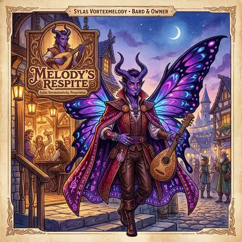 Sylas Vortexmelody: Tiefling Bard & Tavern Owner in D&D Manual