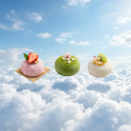 Three Mochi Desserts Floating on Fluffy Clouds
