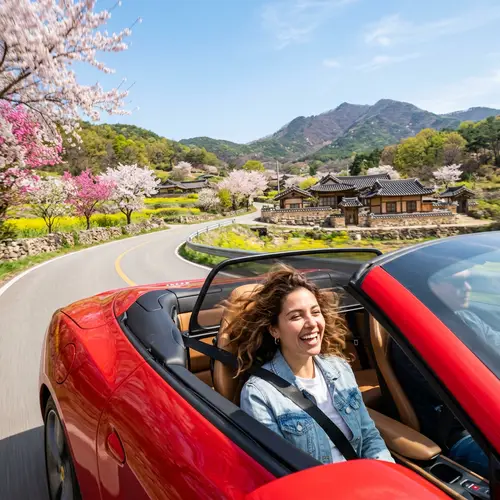 Hispanic Girl Riding Luxury Sports Car in South Korea Countryside
