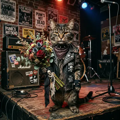 Brutal Rocker Cat with Bouquet - Unique Artwork