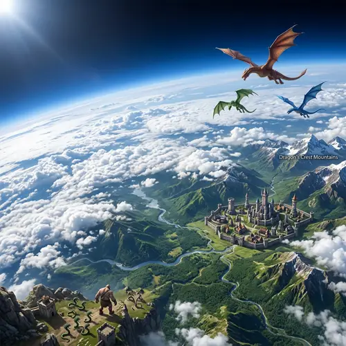 Fantasy World Aerial View: Verdant Landscapes & Mythical Creatures
