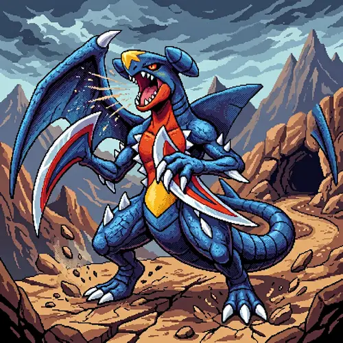 Epic Pixel Art of Pokémon Garchomp - Powerful Dragon Pose
