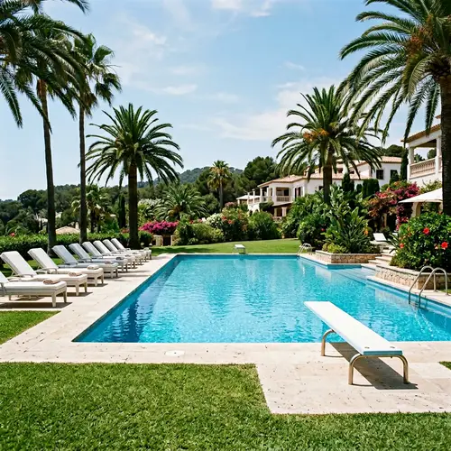 Serene Luxury Retreat with Blue Pool and Palm Trees