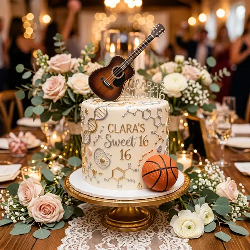 Elegant Sweet 16 Cake with Biosciences & Sports Themes