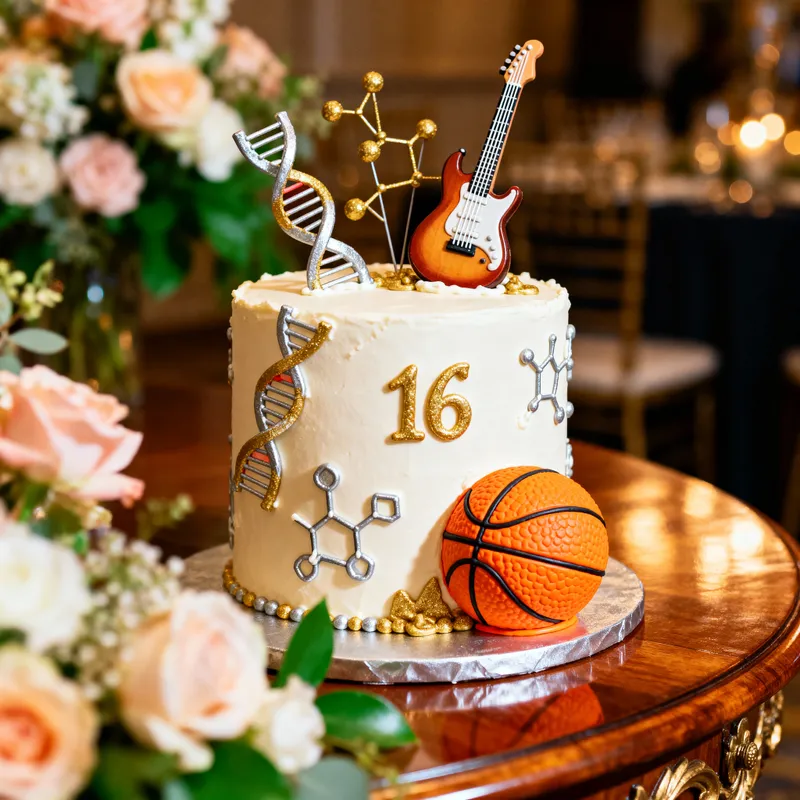 Elegant Sweet 16 Cake with Biosciences & Sports Themes Elegant Sweet 16 Cake with Biosciences & Sports Themes