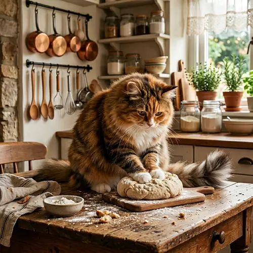 Adorable Cat Kneading Bread in Cozy Kitchen Setting